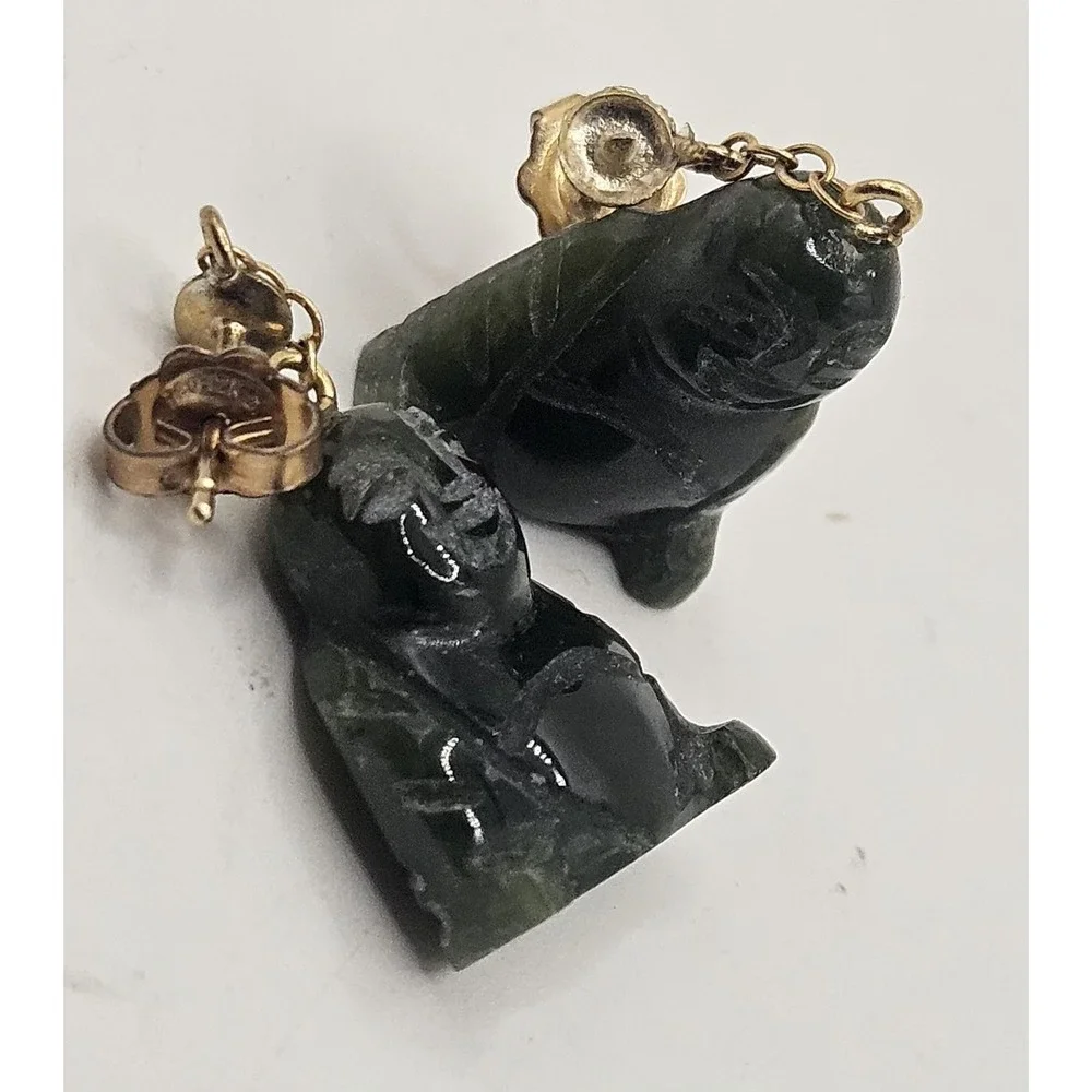 1/20 12k GF Natural Green Jade Buddha Chinese Earrings